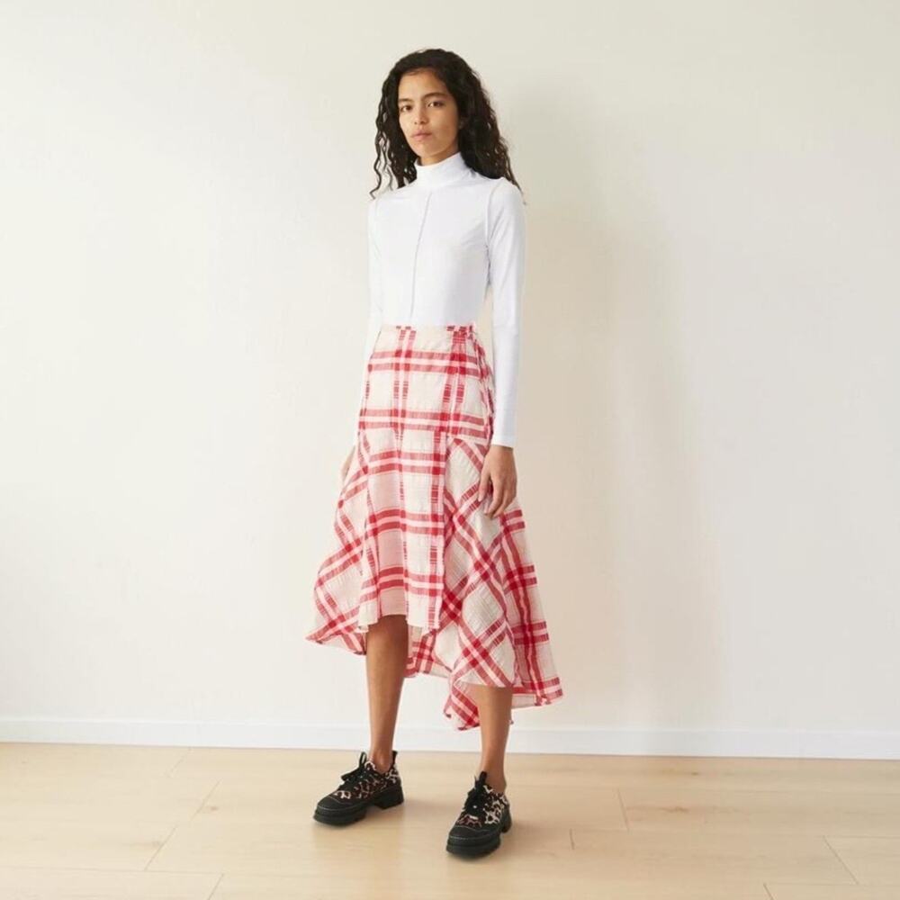 NWT Ganni Seersucker Check Hi-Low Midi Wrap Skirt in Red White sz 42